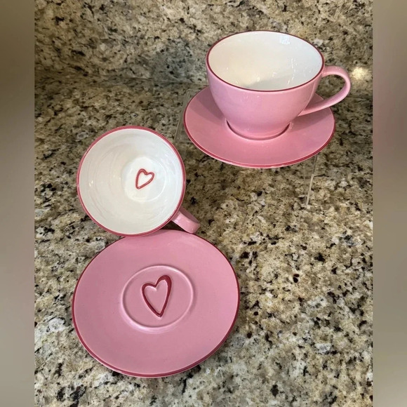 Starbucks 2006 Pink White & Red Mug and Saucer Set.  2 cups, 2 saucers - Picture 1 of 5